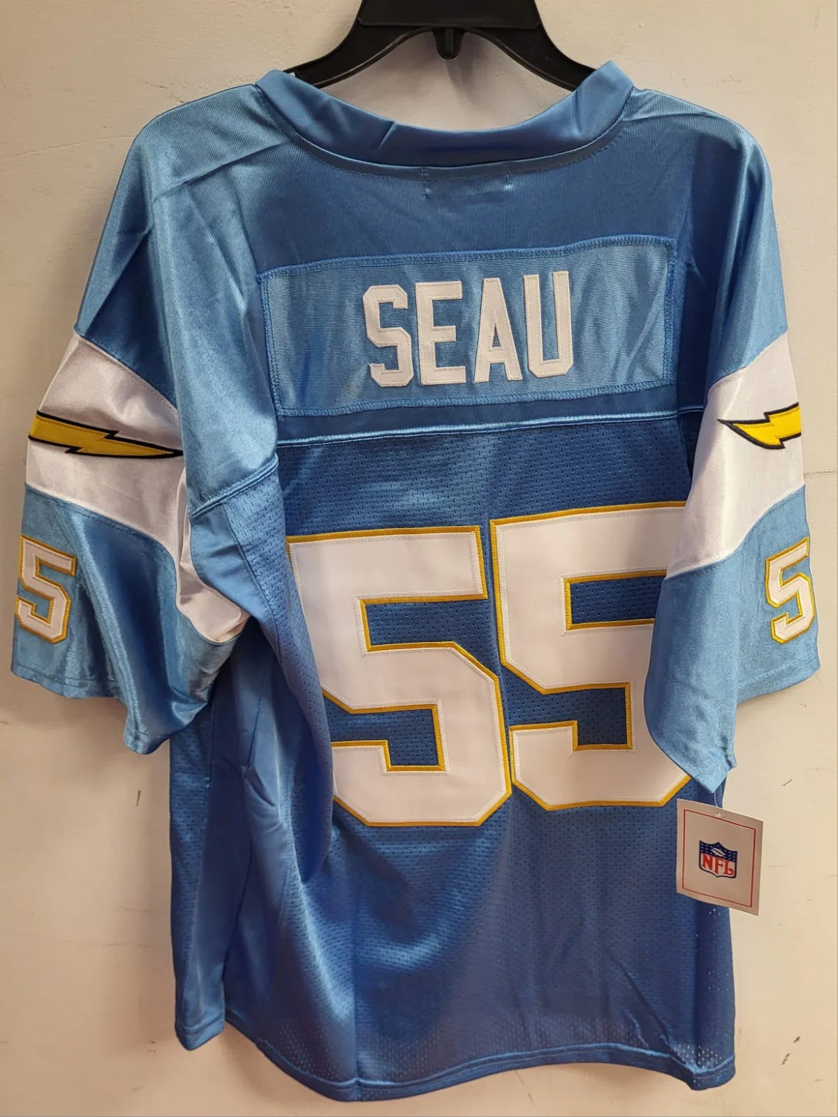 Junior Seau San Diego Chargers Jersey light blue product image 2, provided for visual reference and product detail review