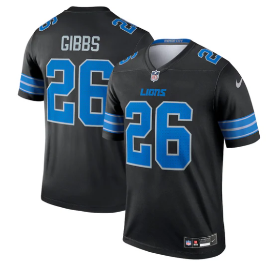 Jahmyr Gibbs Detroit Lions Official NFL Nike Jersey black 2024 product image 1, provided for visual reference and product