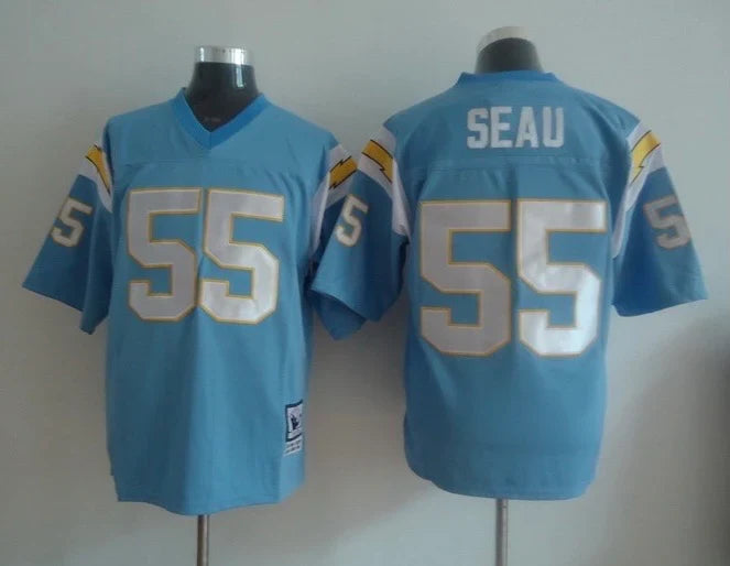 Junior Seau San Diego Chargers Jersey light blue product image 1, provided for visual reference and product detail review
