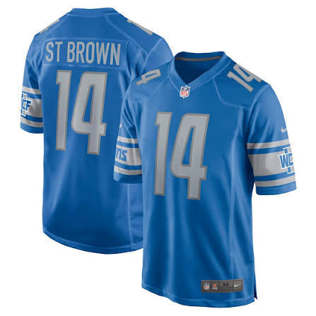 Amon-Ra ST Brown YOUTH KIDS Detroit Lions Official NFL Nike Jersey blue product image 1, provided for visual reference and