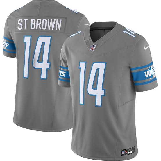 Amon-Ra ST Brown YOUTH KIDS Detroit Lions Official NFL Nike Jersey gray product image 1, provided for visual reference and