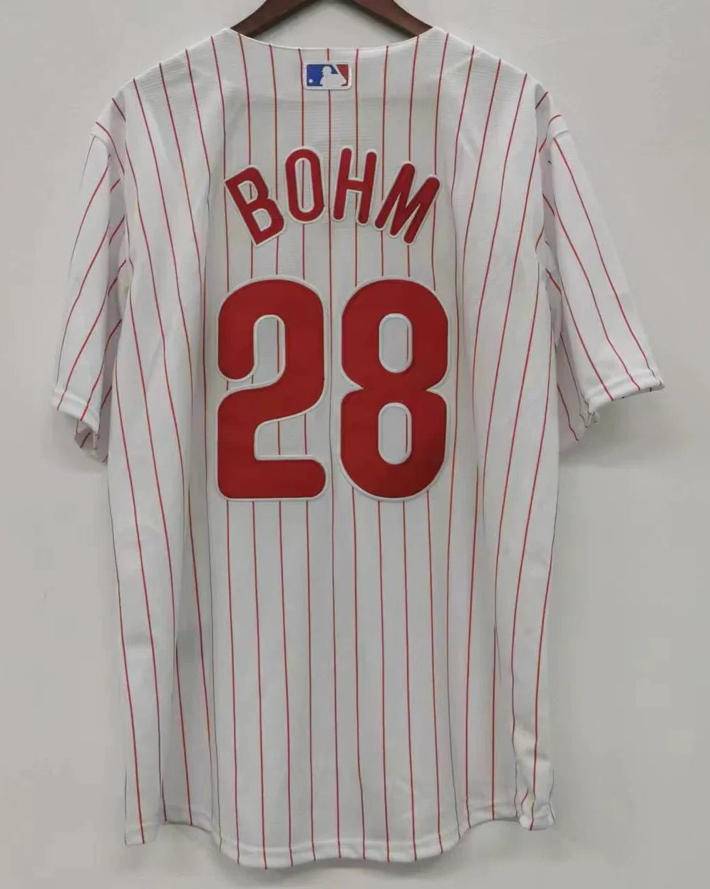 Alec Bohm Philadelphia Phillies Jersey white pinstripes product image 1, provided for visual reference and product detail