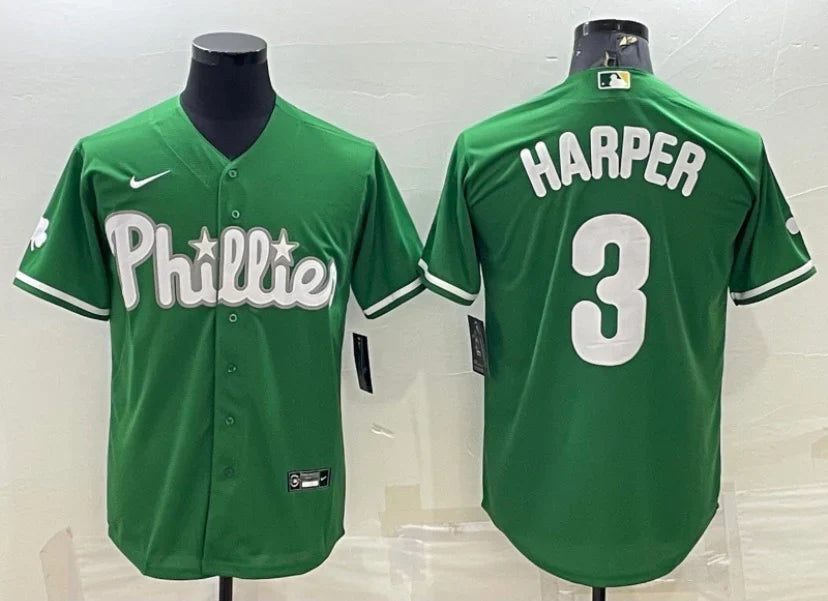 Bryce Harper Philadelphia Phillies Green St. Patrick’s Day Jersey product image 1, provided for visual reference and product