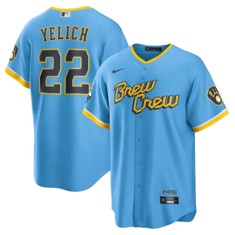 Christian Yelich #22 Milwaukee Brewers Official MLB City Connect Jersey product image 1, provided for visual reference and