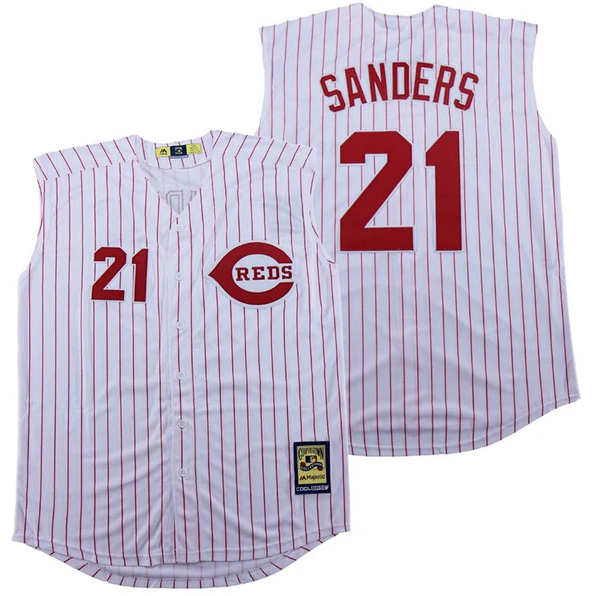 Deion Sanders Cincinnati Reds Jersey Mitchell & Ness White Pinstripe Sleeveless product image 1, provided for visual