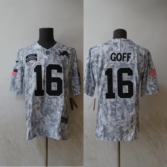 Jared Goff Detroit Lions 2024 military salute to service Jersey Nike product image 1, provided for visual reference and