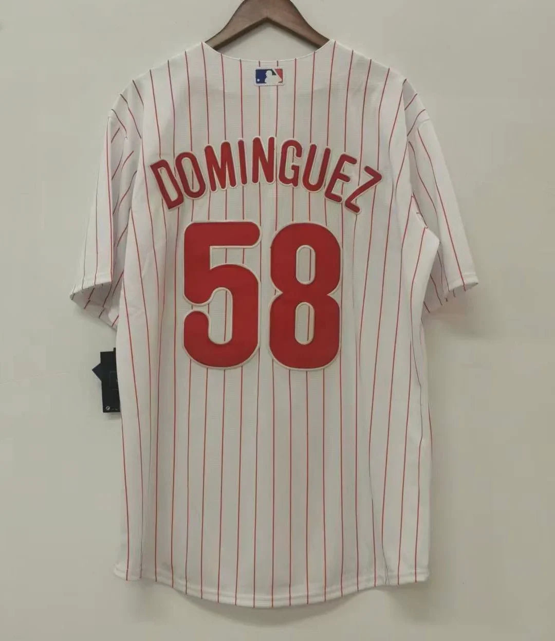 Seranthony Dominguez Philadelphia Phillies Jersey white pinstripes product image 1, provided for visual reference and