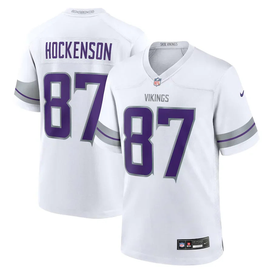 T.J. Hockenson Minnesota Vikings Official NFL Nike jersey white product image 1, provided for visual reference and product